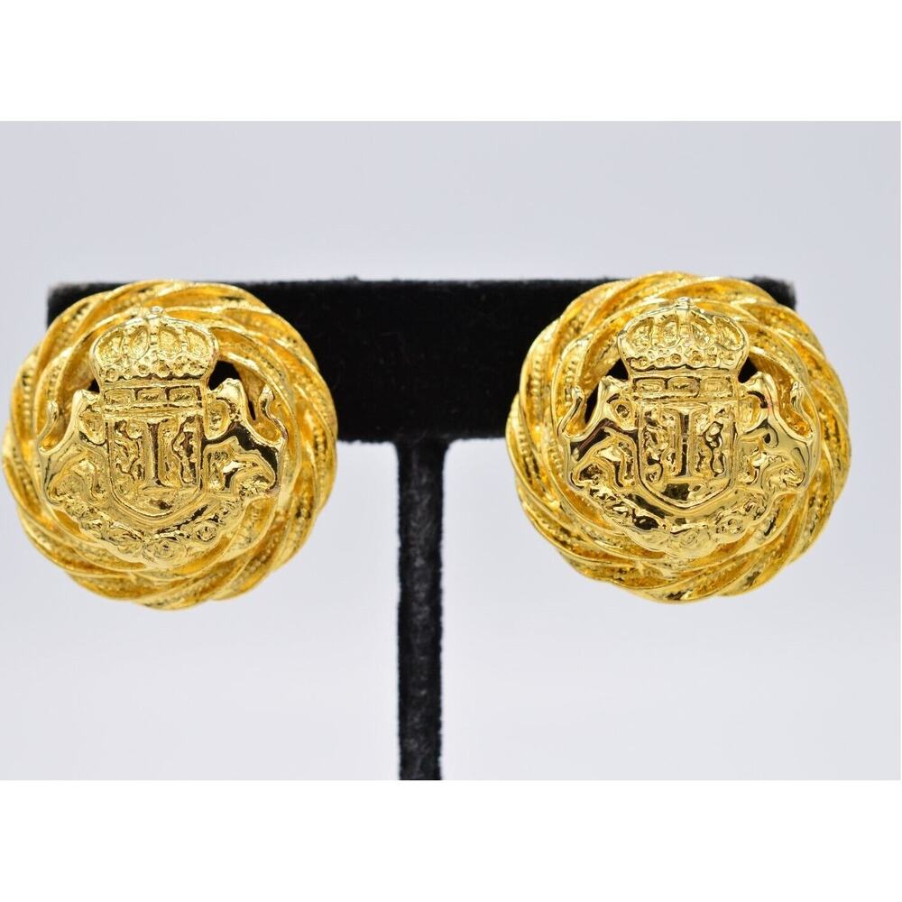 Ivana Trump Vintage Clip On Earrings Gold Shield Crest Chunky Round Signed BinH